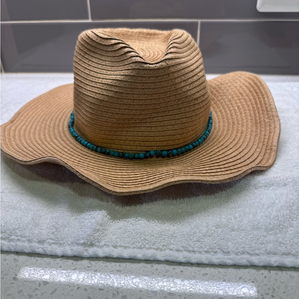 INC International Concepts Tan and Turquoise Blue Hat with Wide Brim NWT - Picture 2 of 6